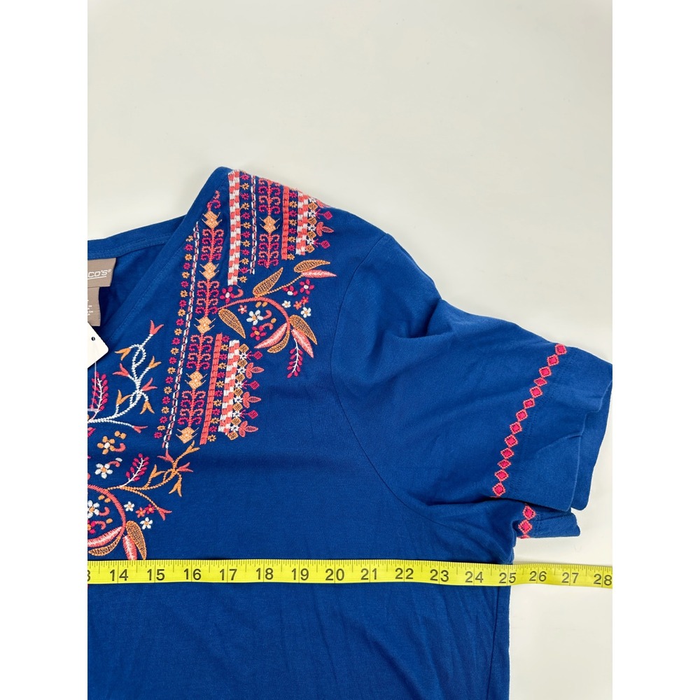 Chico's Top 4 XXL Blue Embroidered V-Neck Short Sleeve Boho Floral Casual NWT - Picture 10 of 11